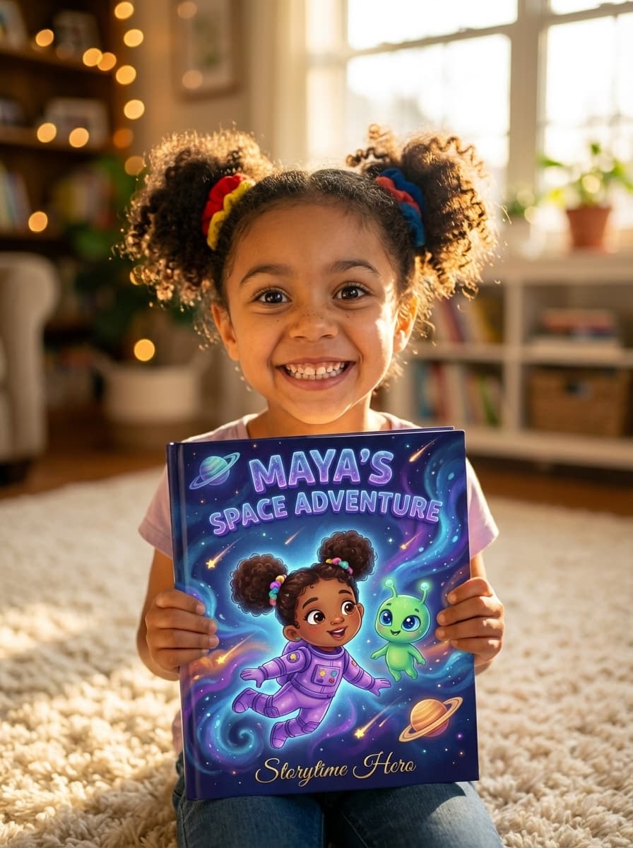 Child holding their personalized book with joy