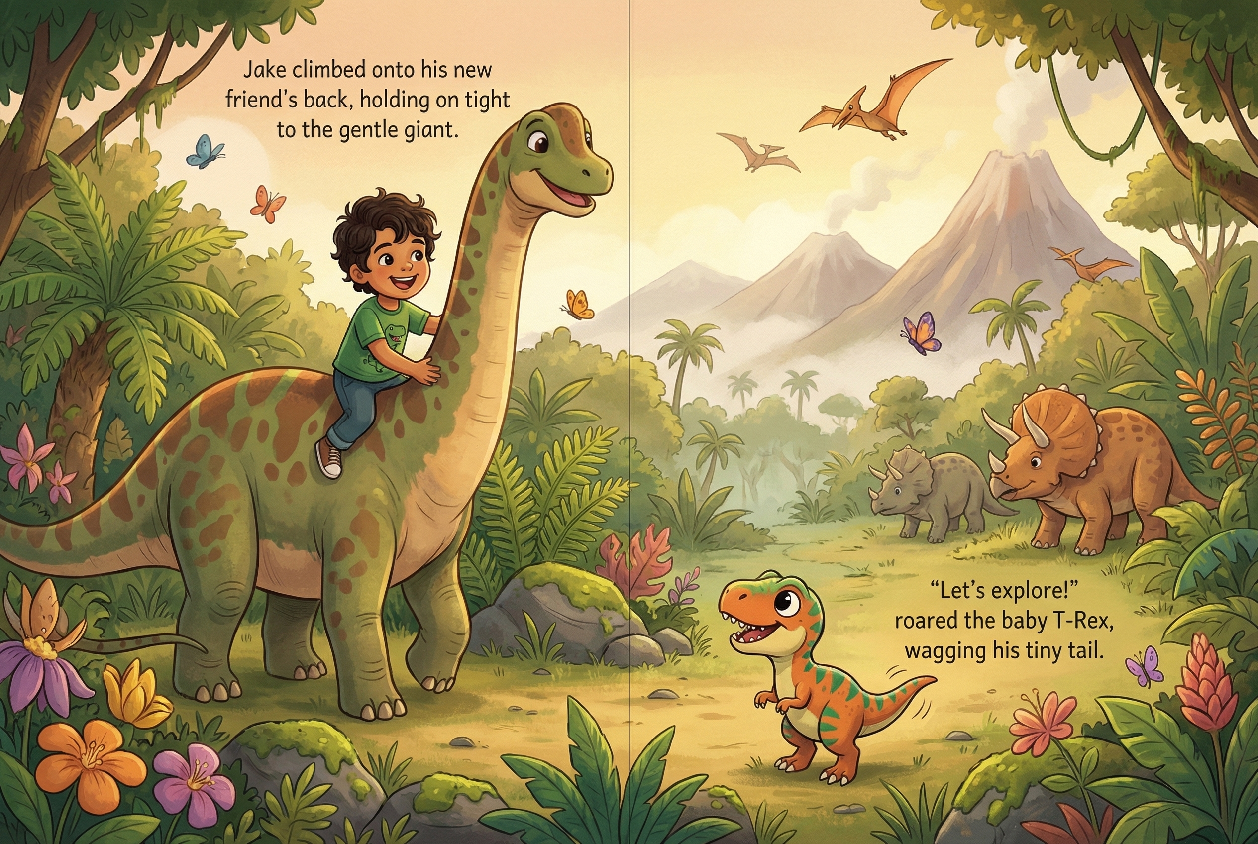 Personalized dinosaur adventure storybook spread with a child hero