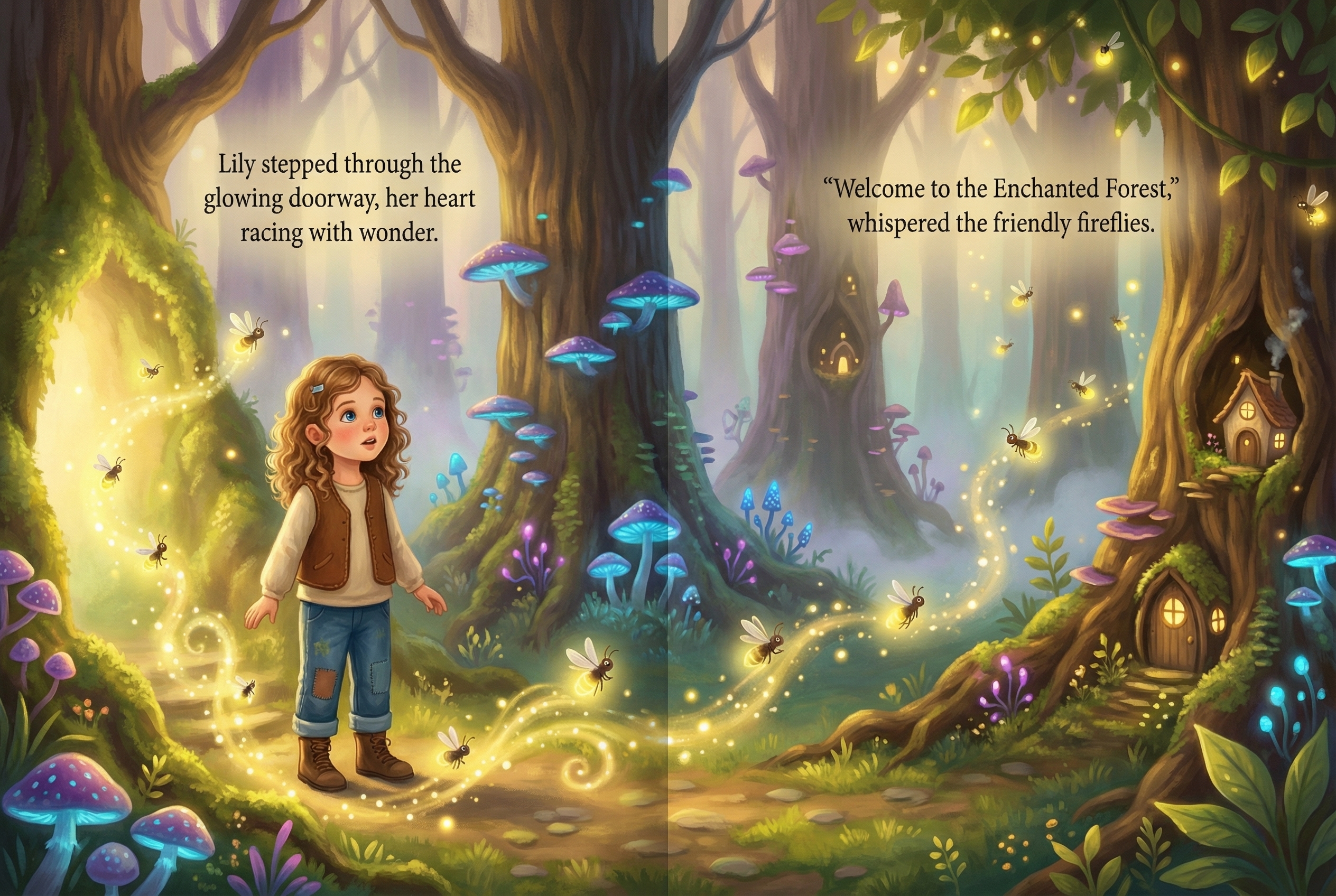 Personalized adventure storybook spread with a child hero