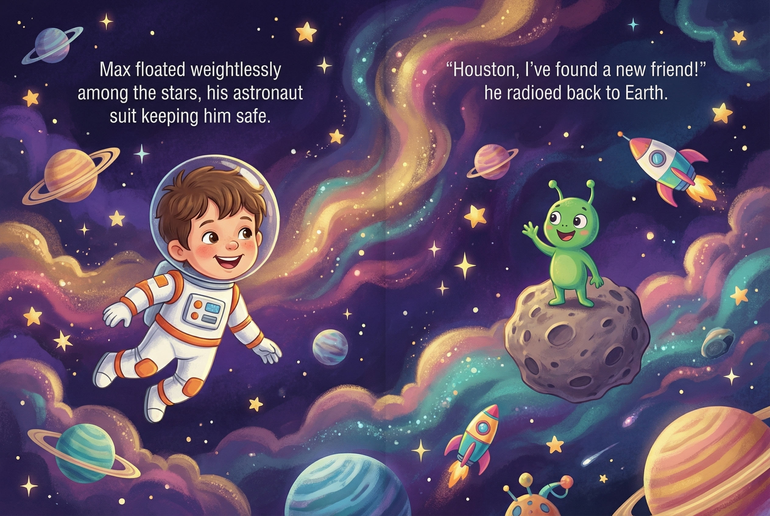Personalized space adventure storybook spread with a child hero